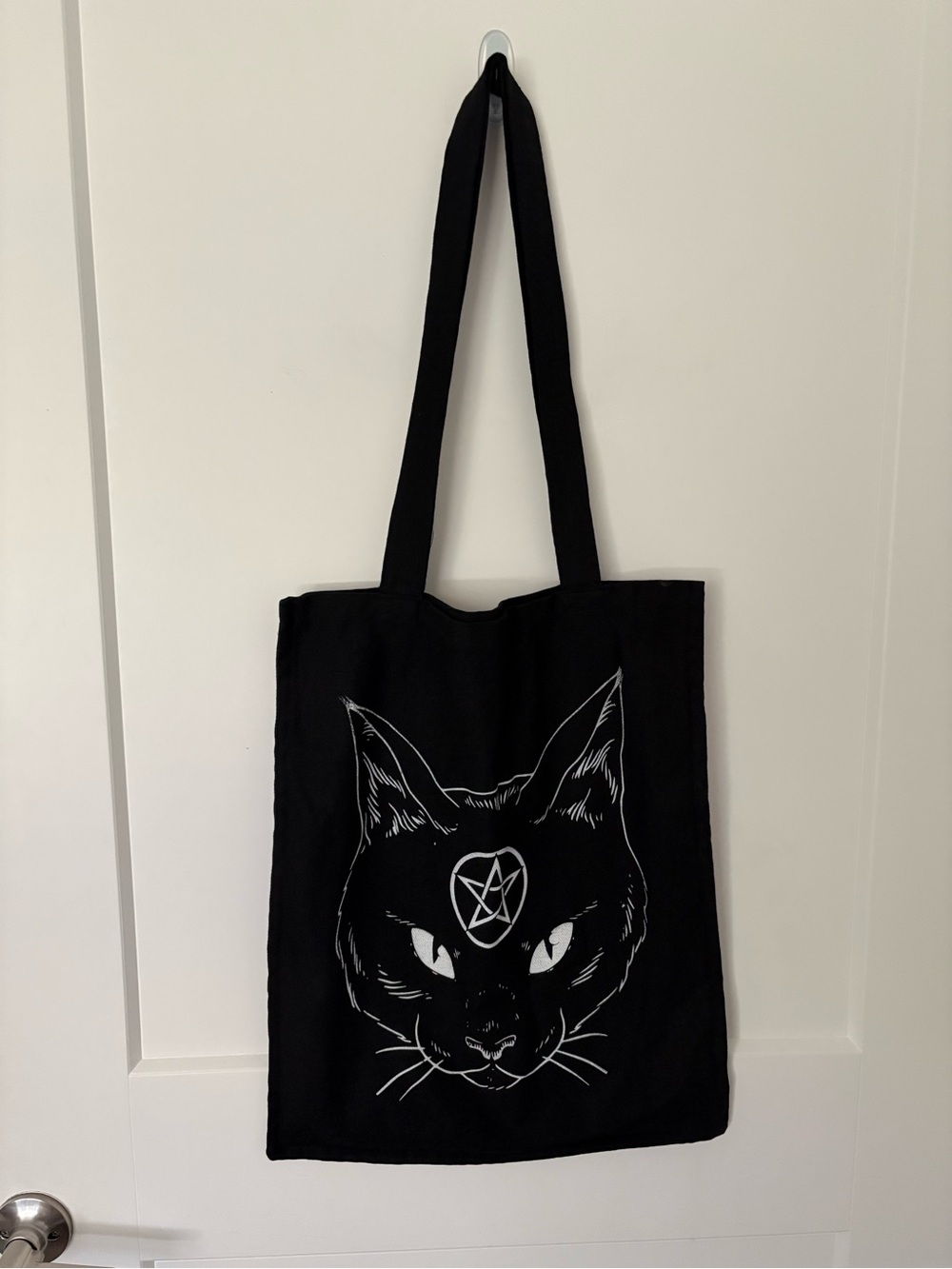 Black Cat Graphic Tote Bag with Pentagram Design - Unbranded